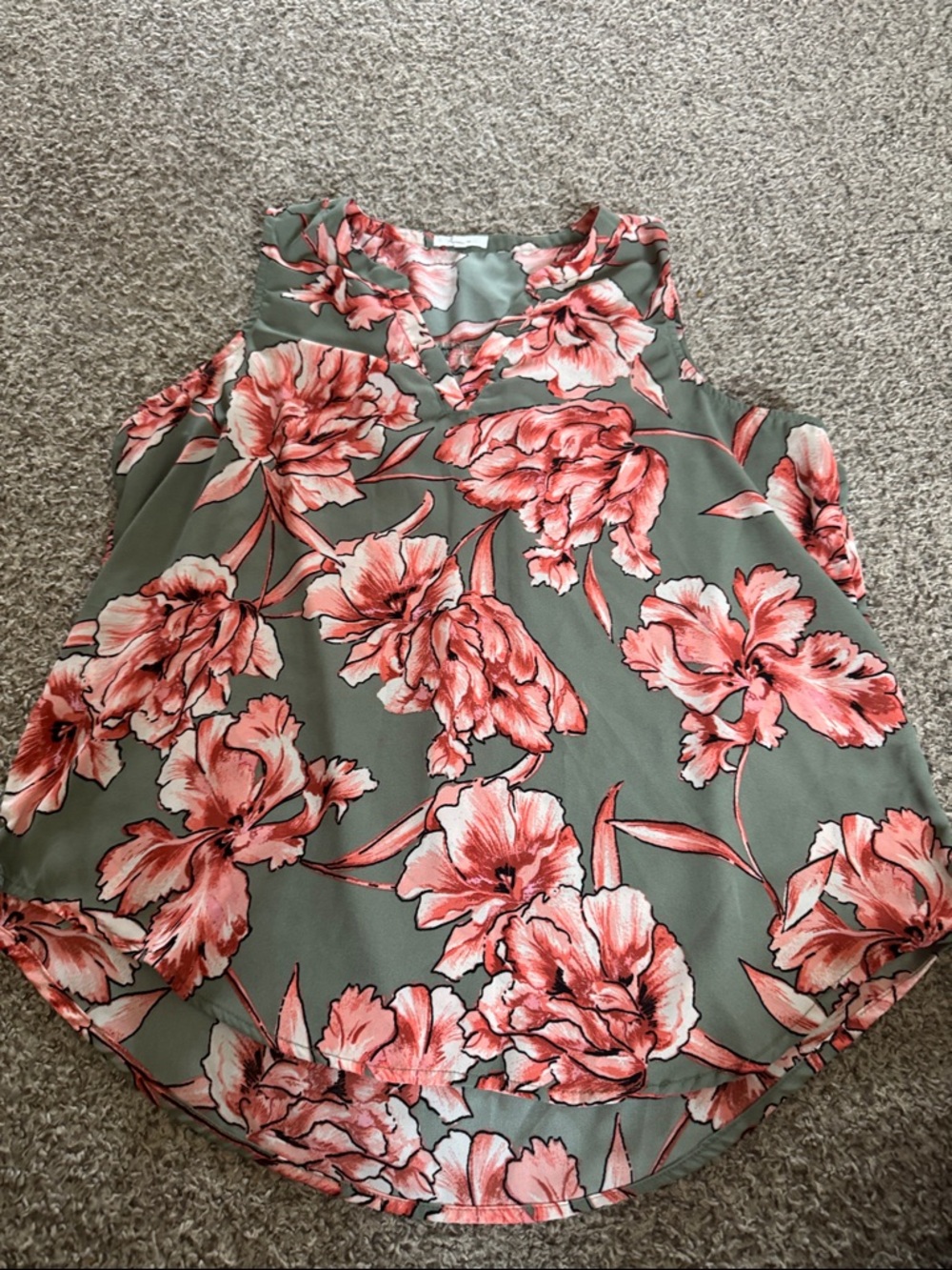 Floral Sleeveless V-Neck Top in Coral Pink and Sage